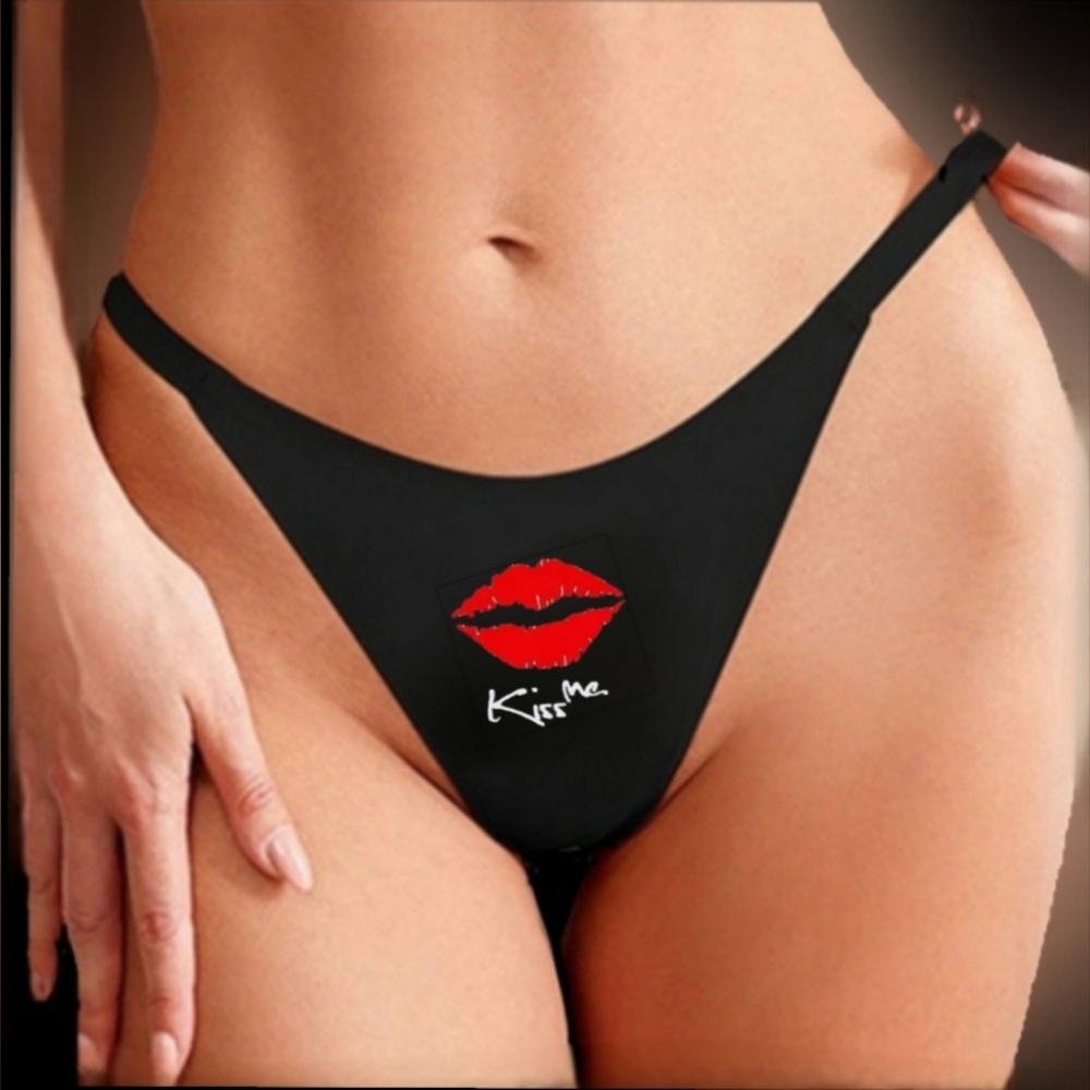 Vibes naughty adult kiss me graphic sexy blk gold charm thong panty XL/12 NWT